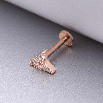 Detail View 1 of Rose Gold Chevron Arrow Sparkle Top Internally Threaded Steel Flat Back Stud Labret-Clear Gem